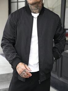 Manfinity CasualCool 男士條紋棒球領拉鍊休閒日常長袖夾克 - 黑色 - 查看 3
