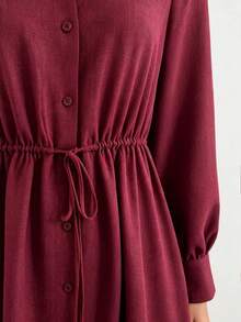 Louniche Gaun Wanita Elegan Lengan Panjang dengan Kerah Kemeja Bertali Depan Warna Merah Marun - Merah - View 7