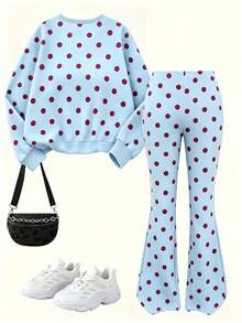 Tween Girls Casual Minimalist Polka Dot Print Crew Neck Sweatshirt & Flare Pants Set, Red Polka Dot Contrast Digital Print Pattern, Autumn/Winter Design, Versatile, Casual Comfortable Soft Crew Neck Sweatshirt & Flare Pants 2-Piece Set, Suitable For Autumn/Winter - Multicolor - View 4