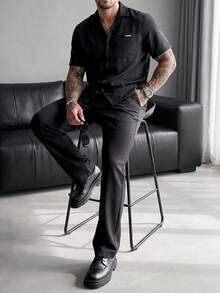 Manfinity Homme Men's Metal Buckle Short Sleeve Shirt And Pocket Long Pants Set - Black - View 4