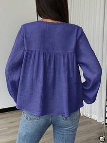 SHEIN 女款秋季休閒純色前綁帶襯衫 - 藏蓝色 - 查看 2