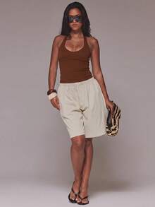 MUSERA Underwired Cup Halterneck Longline Scooped Neck Top Casual Cute Everyday Summer Night Out - Brown - View 3