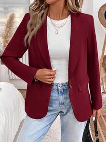 SHEIN LUNE 2024秋冬新款灰綠色女款收腰鈕扣西裝外套，休閒風 - 中紫紅色 - 查看 1