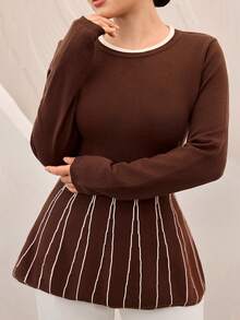 Graceveil Sweater Fashion Wanita Lengan Panjang Bergaris dengan Kerah Bulat dan Hiasan Ruffle di Bagian Bawah - MultiWarna - View 4