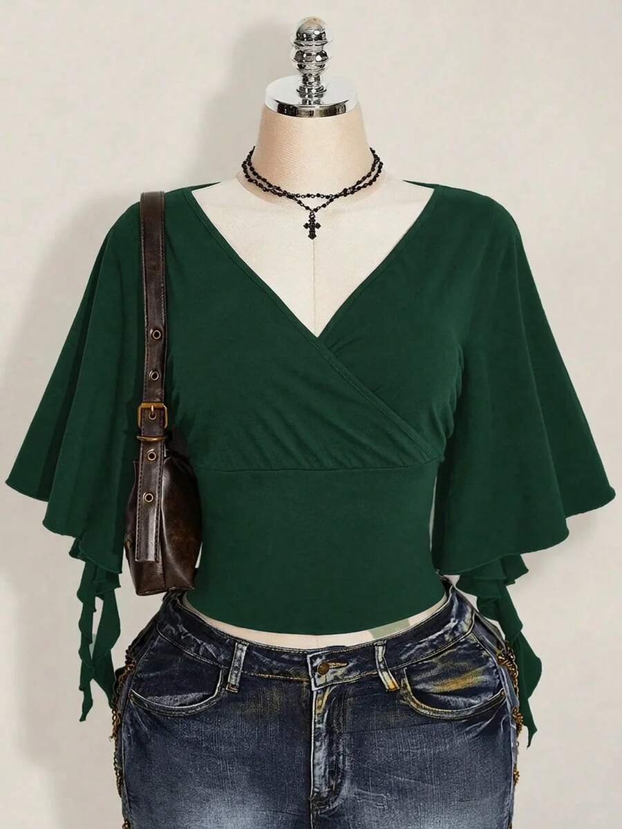 SHEIN ICON 女款大尺碼交叉V領荷葉袖時尚T恤 - 墨綠色 - 查看 1