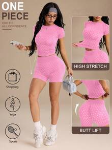 Dewbera Dewbera Seamless Women's Sports Set, Sexy Casual, Sports T-Shirt, Sports Shorts, Seamless Women's Sports Set, Sports Tank Top - Pink - View 1