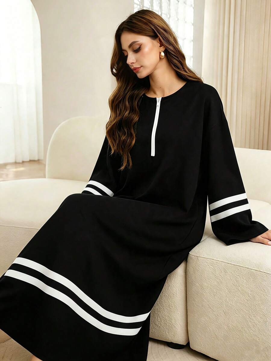 Mulvari Women's Black & White Color Block Casual Loose Fit Pullover Long Sweatshirt Dress - Black - View 1