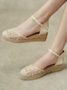 Styleloop Women's Hemp Rope Straw Weave Wedge Heel White Lace Mesh Women's Wedge Heel Shoes Sandals Hemp Rope Shoes Bohemian Style Vacation Beach Seaside - Apricot 2 - View 7