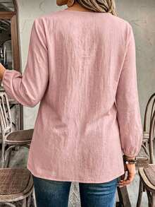 EMERY ROSE Women's Plus Size Solid Color Design Long Sleeve Shirt With Ruffle Hem Patchwork, Casual Versatile For Autumn/Winter, Suitable For Outings And Office Commute - Pink - View 2