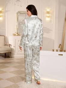 LuxeNights Satin Butterfly Print Lapel Pajama Set, Classic Trim Design, Minimalist Comfortable Loungewear - White - View 2