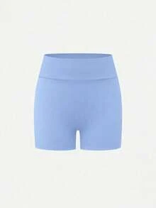 Teen Girls' Foggy Blue High-Waist Athletic Shorts, Made From High-Stretch Form-Fitting Fabric With A Sleek And Supportive Design, Perfect For Spring And Summer Activities Including Running, Gym Workouts, And Casual Sporty Wear - Dusty Blue - View 5