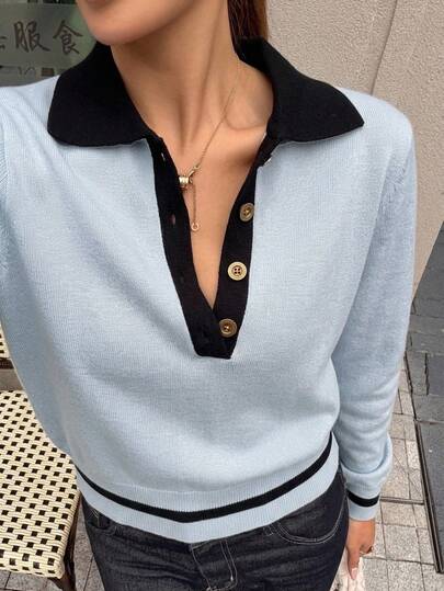 DAZY Suéter de punto tipo pullover con bloques de color para mujer