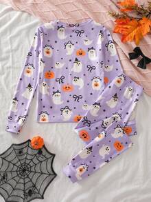 Tween Girl Ghost Print Long Sleeve Top & Leggings Snug Fit Loungewear - Purple - View 2