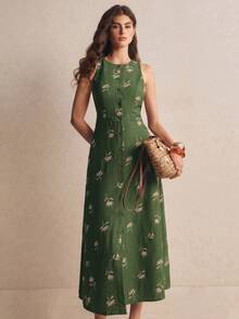 Poéselle 女款度假休閒鄉村風復古花卉刺繡前開鈕扣無袖中長洋裝 深綠色 夏季 - 軍綠色 - 查看 6