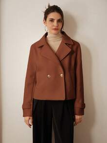 Aveloria Modichic Casual Solid Color Double-Breasted Cropped Jacket, Autumn/Winter  - Brown - View 6