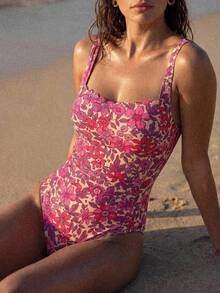 SHEIN Swim 女款花卉印花一件式泳衣，適合海灘度假、泳池派對、海灘派對 - 玫紅色 - 查看 4