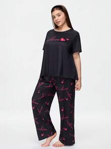 Bonmuse Cute Ins Contrast Color Valentine's Day Love Print Loose Comfortable Black Plus Size Pajama Set Curvy Pajama Sets Plus Size Sleepwear Set - Black - View 5