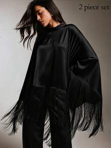 COSMINA Women's Solid Color Tassel Design Top And Pants Casual Daily Set - Black - View 6
