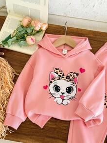SHEIN Kids Young Girl Girls Cartoon Rabbit & Leopard Print Knit Soft Hooded Sweatshirt And Relaxed Fit Pants Set - Pink - View 5