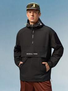 Caldwick Men's Long Sleeve Casual Patchwork Hooded Drawstring Jacket , Spring/Autumn Outerwear - Black - View 4