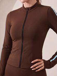 Easithlete Contrast Color Striped Slim Fit Sports Jacket - Coffee Brown - View 3