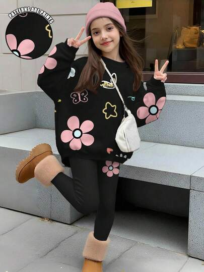 SHEIN Leap Crew 2pcs Tween Girls Casual Floral & Cartoon Character Print Crew Neck Long Sleeve Sweatshirt And Leggings Set, Suitable For Autumn/Winter