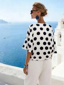 SHEIN LUNE Loose V-Neck Polka Dot Print Casual Commuting Elegant Vacation Blouse For Women - Black and White - View 2