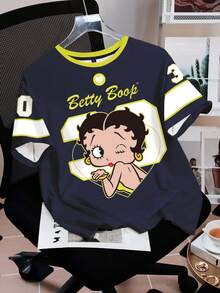 Betty Boop x SHEIN 女款字母卡通印花休閒日常短袖T恤 - 白色 - 查看 1