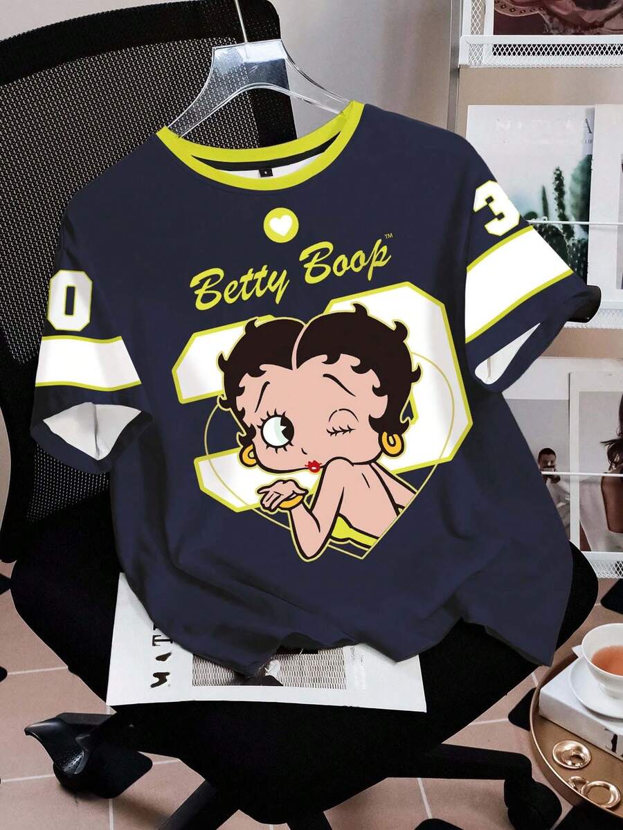 Betty Boop x SHEIN 女款字母卡通印花休閒日常短袖T恤 - 白色 - 查看 1