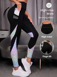 SHEIN Sports Leopard Print Patchwork High Waist Sports Leggings (With Pockets) - Multicolor - View 1
