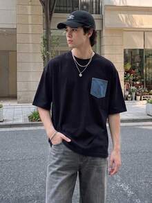 Resyla Men 男士休閒街頭百搭丹寧效果印花圓領短袖T恤，黑色，適合夜店、城市度假、夏季 - 黑色 - 查看 5