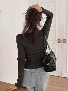 DAZY Women's Solid Color Slim Fit Long Sleeve Round Neck Zipper Casual Vacation Spring Autumn Knit Cardigan - Grey - View 7