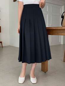 DAZY Teen Girl Casual Versatile Solid Color Pleated Skirt Fall - Navy Blue - View 3