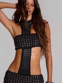 MUSERA Black Studded Cut Out Halterneck Unitard Summer Autumn Going Out Festival Cool Girl Furiosa Fall Autumn Winter Halloween - Black - View 5