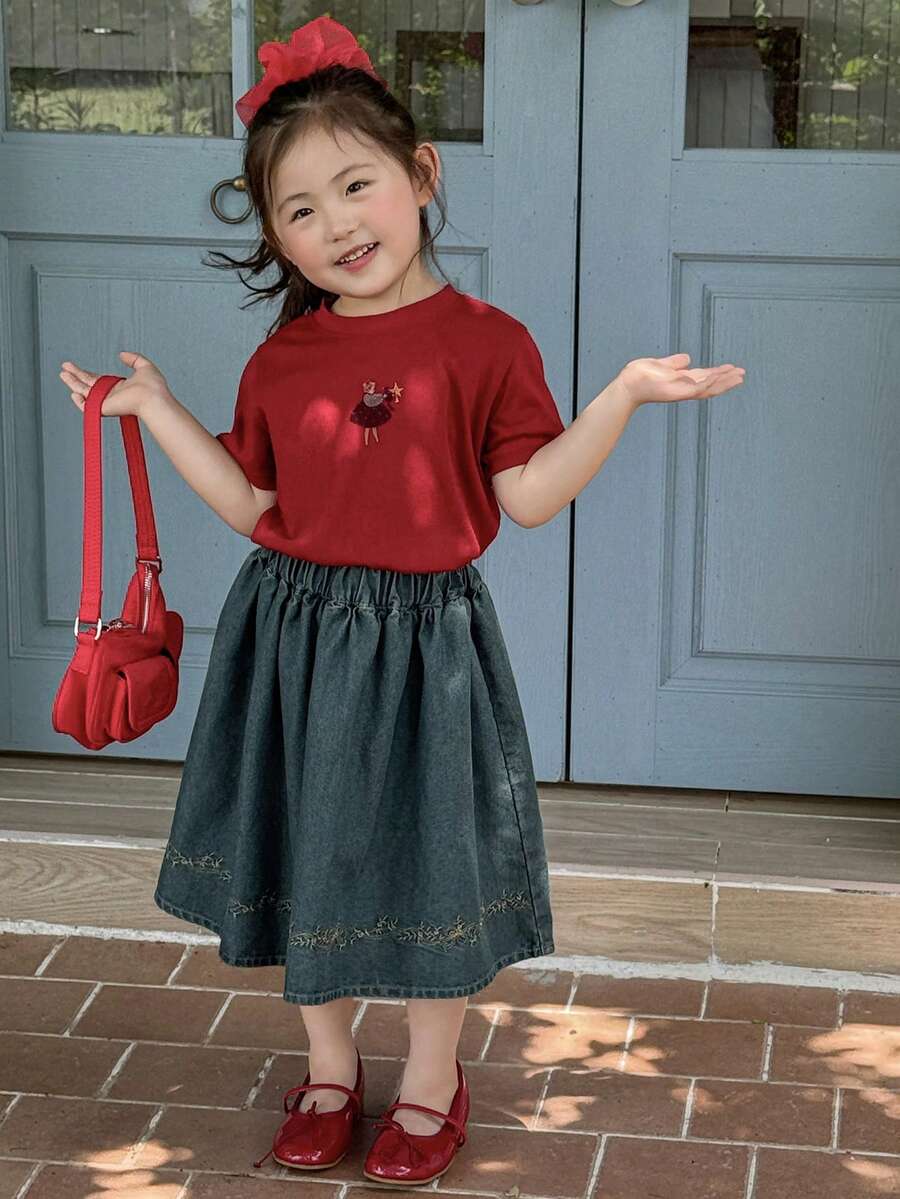 Dazy Kids 少女休闲森系水洗牛仔甜美半身裙,夏季,返校季 - 中等水洗藍 - 查看 1