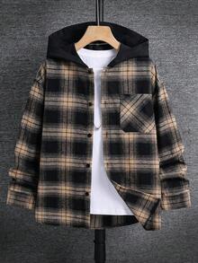 SHEIN 兒童青少年男孩休閒日常舒適格紋拼接連帽寬鬆長袖梭織鈕扣襯衫，適合通勤、上學、日常休閒外出與運動，春夏秋冬四季適用 - 卡其色 - 查看 5