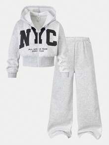 SHEIN 青少年女孩 2 件套連帽衫，拉鍊連帽衫，休閒，寬鬆，針織，返校季，復古，秋季服飾，秋季字母灰色女孩套裝，韓系 - 灰色 - 查看 3