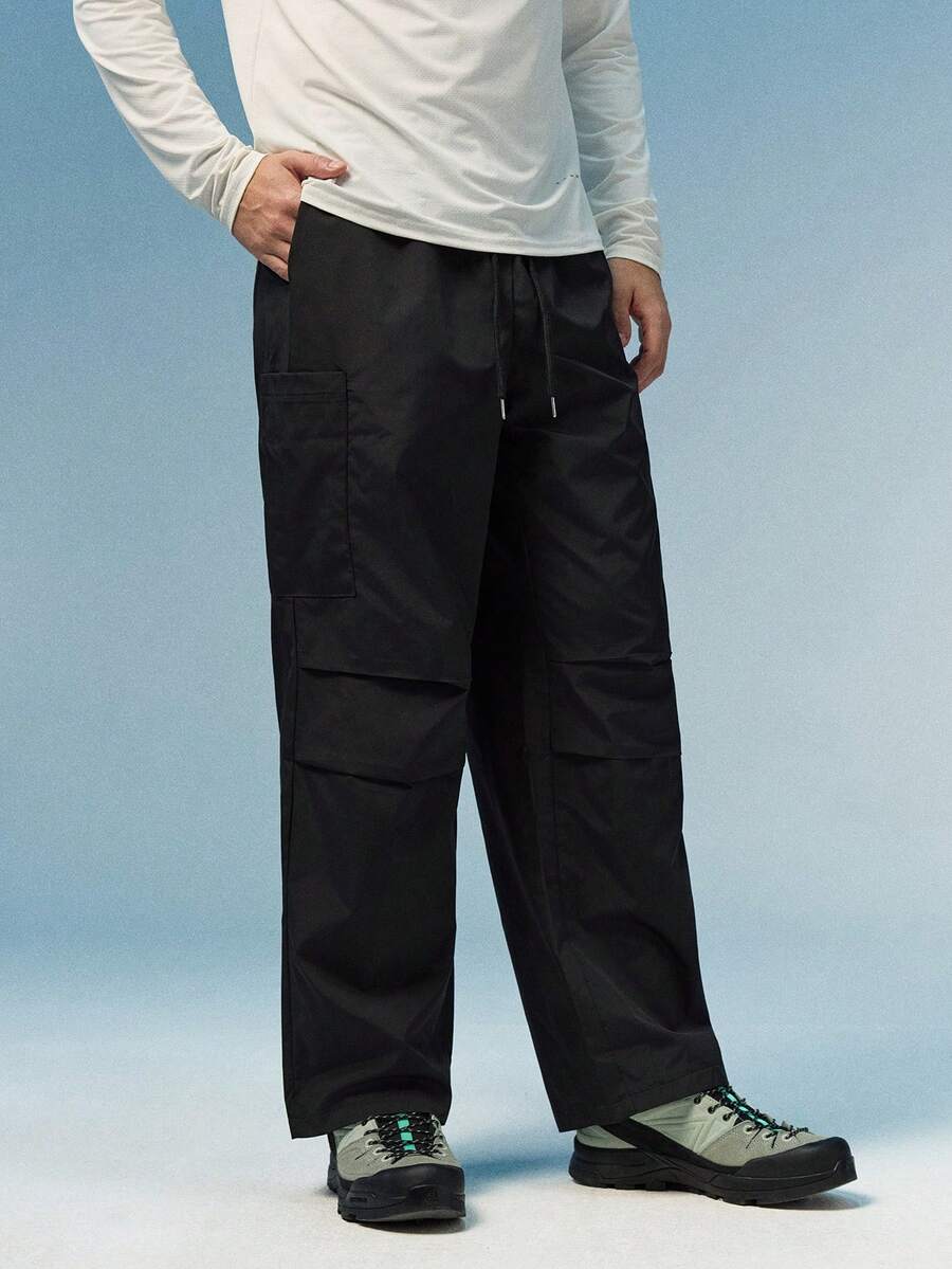 Caldwick Men's Black Winter Streetwear Parachute Cargo Pants,Loose-Fitting Techwear Utility Pants For City Break,Outdoor Hip-Hop Wide-Leg Straight Casual Pants - Black - View 1