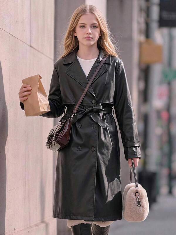 SHEIN Tween Girl Casual Loose Fit Lapel Collar Long Sleeve Button Classic Vintage PU Double-Breasted Trench Coat With Belt Waist, Street Style , Black Fall/Winter