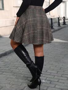 EMERY ROSE Plus Size Autumn/Winter Commuter Casual Vintage Plaid Skirt Fall - Brown - View 2