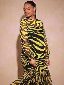 Vixey Tulle Ruffle Hem Sheer Mesh Balloon Sleeve Tunic Top Fall - Yellow - View 5