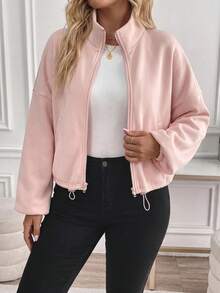 SHEIN Tall CURVE Plus Size Minimalist Zipper Long Sleeve Pocket Drawstring Sweatshirt - Baby Pink - View 4
