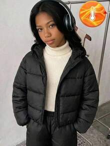 SHEIN Tween女孩休閒百搭厚款連帽寬鬆長袖冬季外套，黑色，秋冬款 - 黑色 - 查看 2