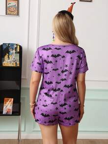 Chillnights Halloween Color Block Bat & Star Print Button-Up Plus Size Pajama Jumpsuit - Purple - View 2