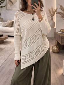 Freevana Plus Size Batwing Long Sleeve Asymmetric White Pointelle Knit Sweater With Slouchy Neck Ribbed Cuffs Diagonal Hem For Autumn Formal Vacation Bohemian - White - View 3