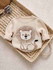 Newborn Baby Cute Lion Pattern Drop Shoulder Long Sleeve Pullover Suitable For Spring And Autumn - Apricot - View 6