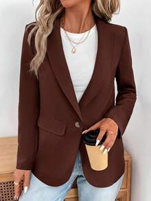 SHEIN LUNE 2024秋冬新款灰綠色女款收腰鈕扣西裝外套，休閒風 - 棕色 - 查看 5