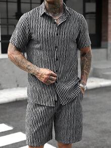 Manfinity CasualCool Men's Striped Short Sleeve Shirt And Shorts Casual Set - Multicolor - View 7
