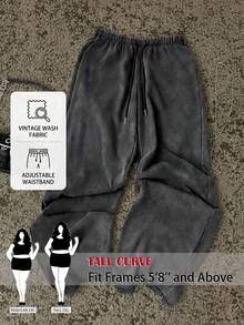 SHEIN Tall CURVE 大尺碼女款純色抽繩腰寬腿休閒運動長褲 - 深灰色 - 查看 2