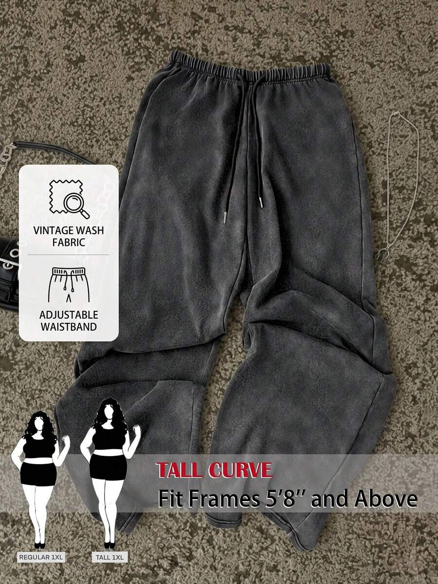 SHEIN Tall CURVE Plus Size Women's Solid Color Drawstring Waist Wide Leg Casual Sweatpants - Dark Grey - View 1